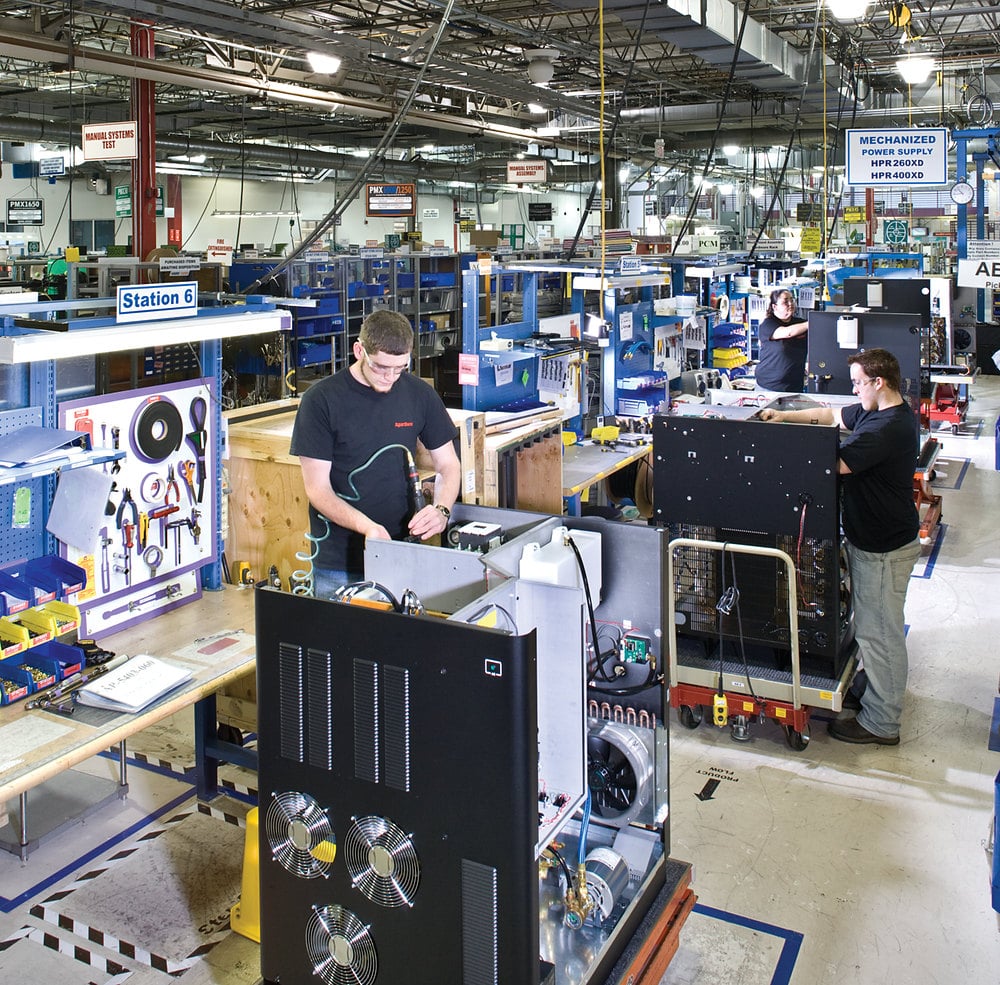 Hypertherm associates assembling HPRXD plasma power sources at the Hypertherm factory