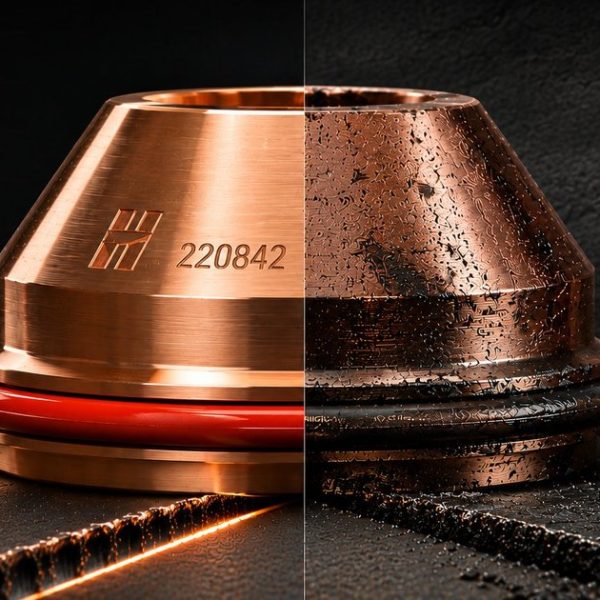 Genuine Hypertherm consumable beside a worn counterfeit, split comparison showing part number 220842